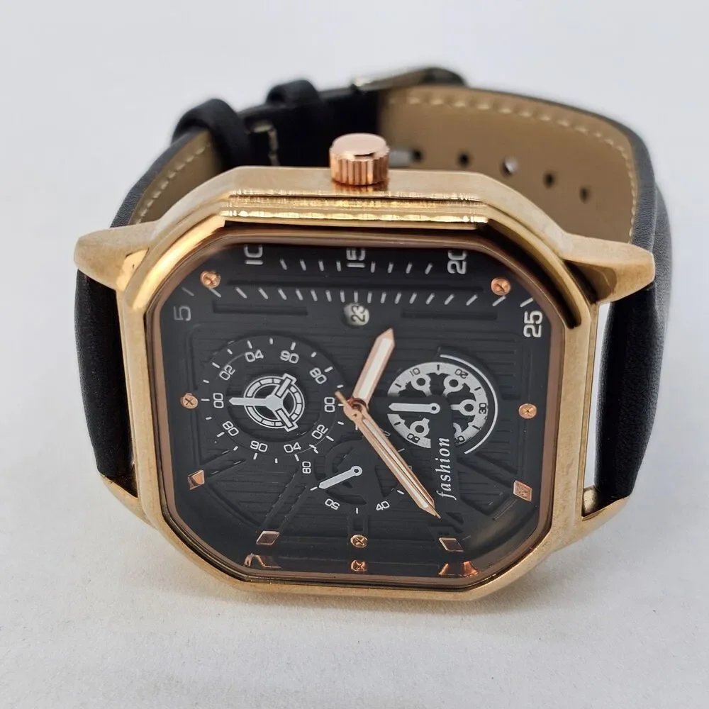 Men's Watch 42MM Black Dial‎ Gold Case Black Leather Band Straps Date Indicator